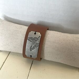 LEATHER Cuff Handmade with Metal Platw etched with a butterfly Brown